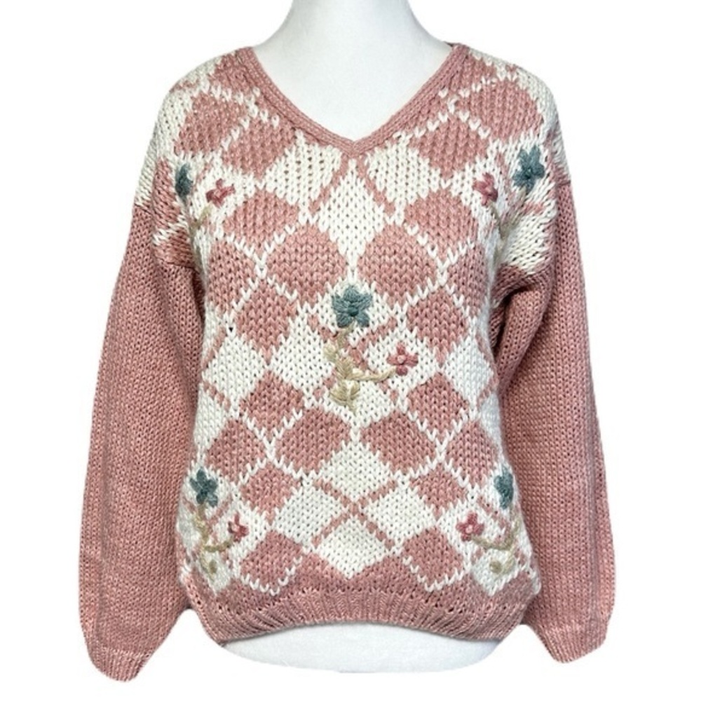 Vintage Pink White Argyle Floral Hand Knit Chunky Soft Sweater Cottagecore Med